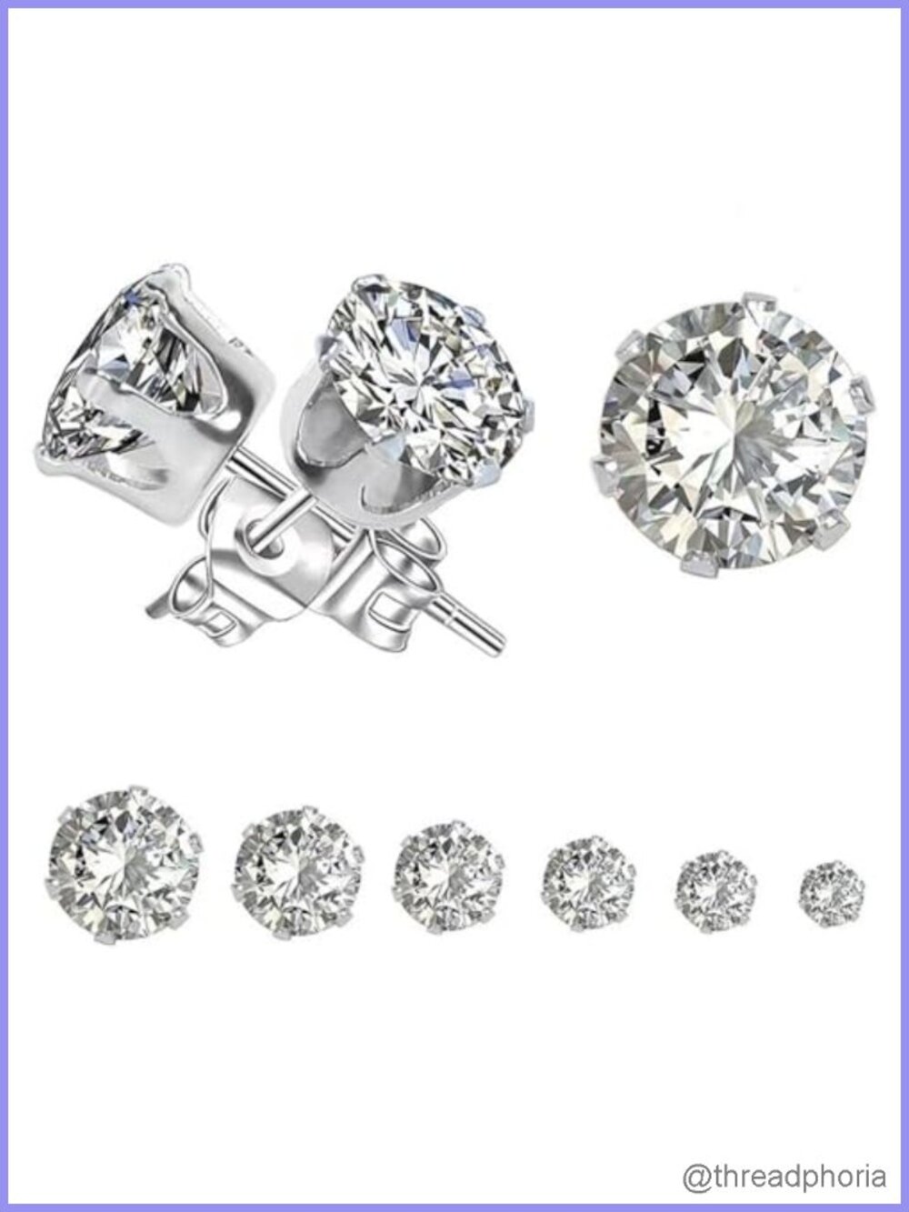 6 Pairs Cubic Zirconia Stud Earrings 316L Surgical Steel